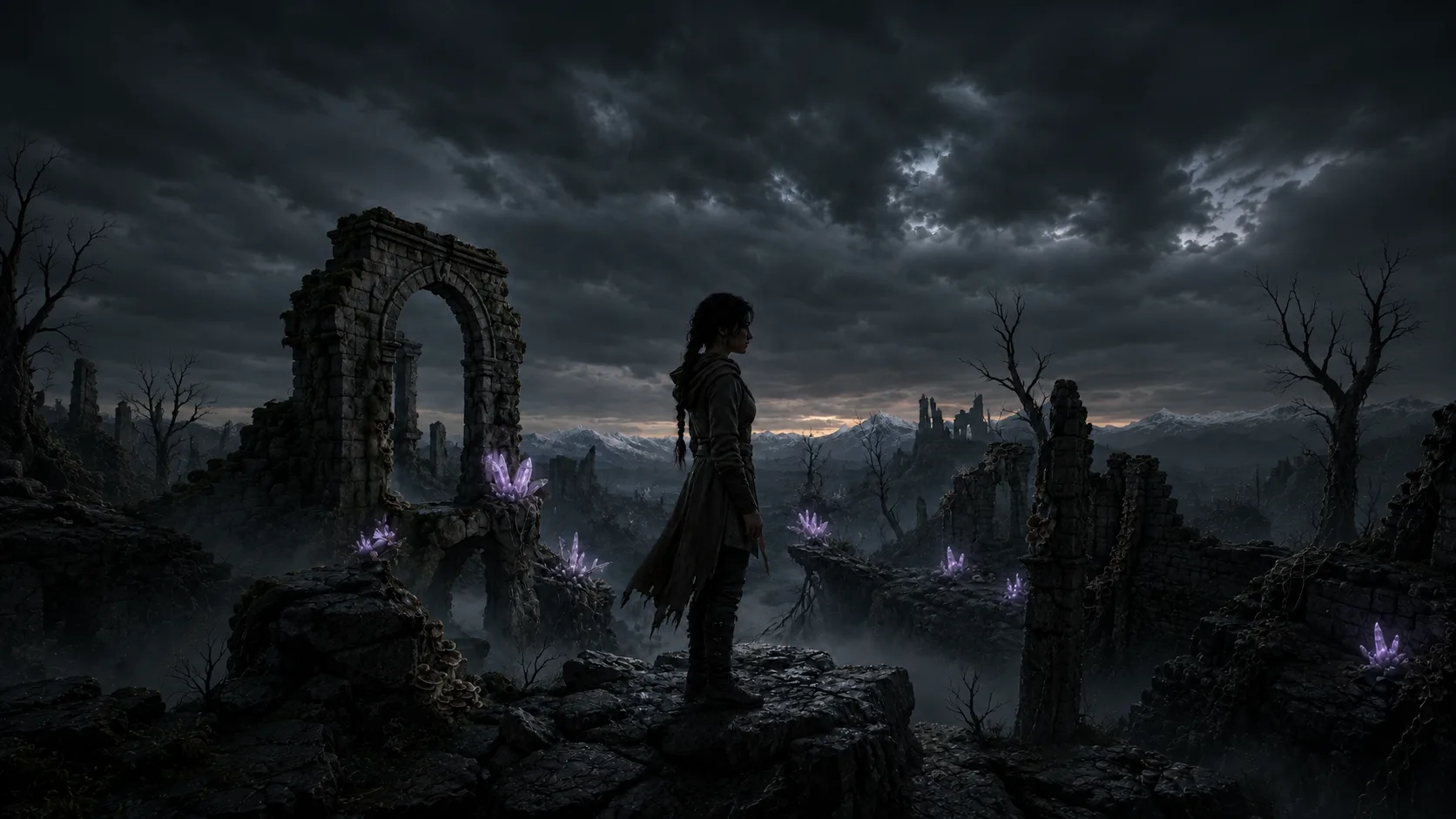 A woman in the storm-dark Crystal Kingdom, beside a ruined stone arch and violet crystals.