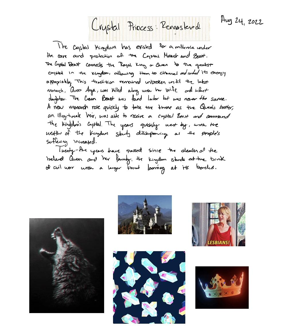 My handwritten Crystal Princess notes, with story references, dated August 24, 2022.